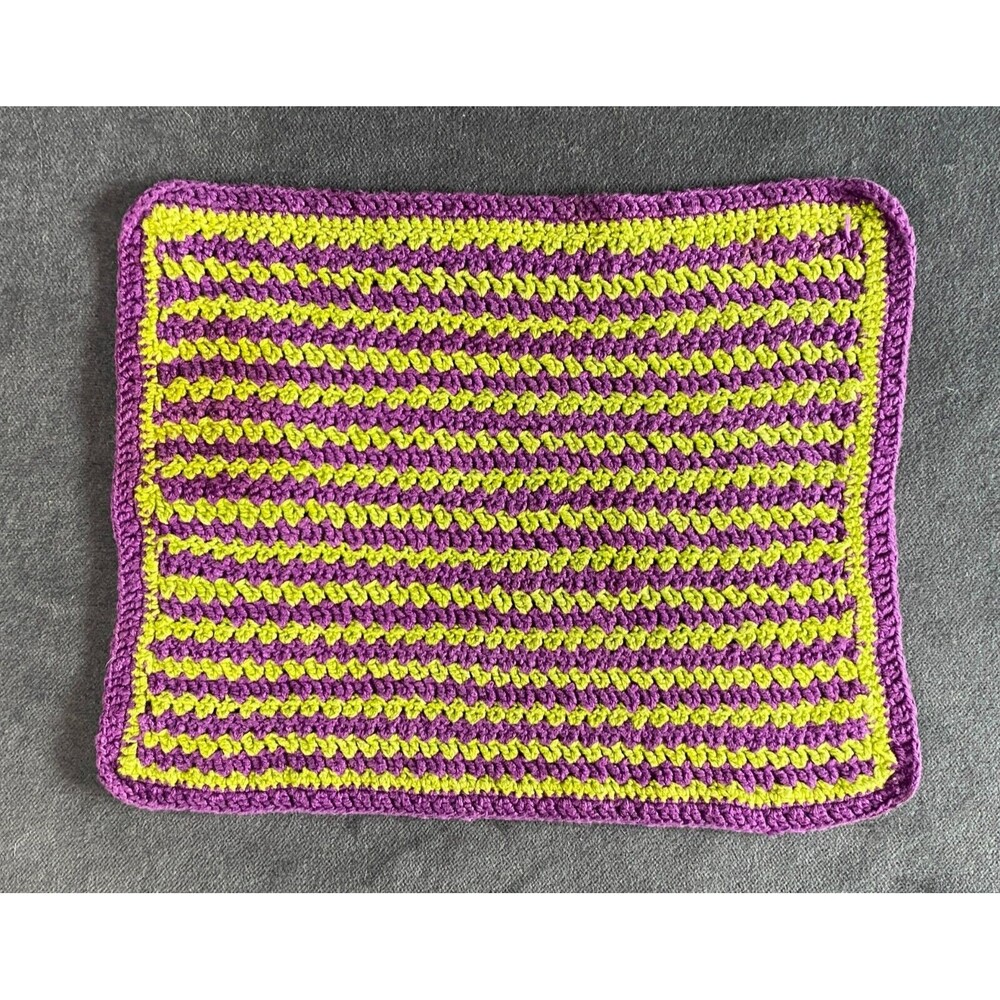 Crocheted Purple & Green Striped Pot Holder – Retro Kitchen, Halloween Decor